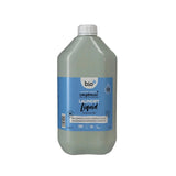 Bio-D Flytende vaskemiddel uparfymert 5 liter i plastflaske med etikett og hvit kork, sett forfra