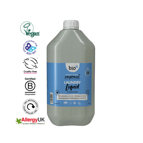 Bio-D Flytende vaskemiddel uparfymert 5 liter i plastflaske, med sertifiseringslogoer på hvit bakgrunn