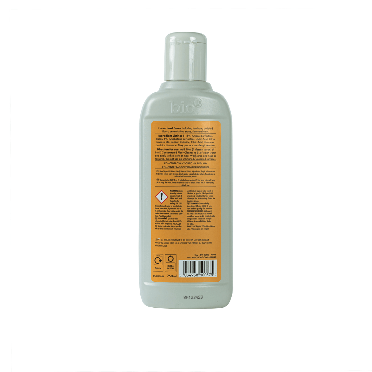 Bio-D Konsentrert Gulvrens 750 ml i plastflaske med oransje etikett, sett bakfra med tekst