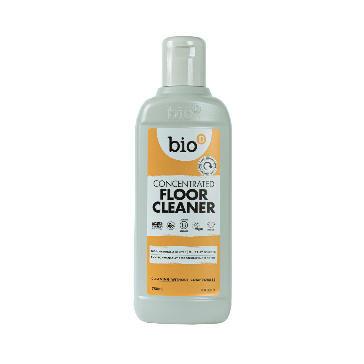 Bio-D Konsentrert Gulvrens 750 ml i plastflaske, sett forfra med oransje etikett