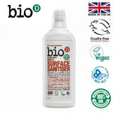 Bio-D Multi Surface Sanitiser 750ml hvit i plast, med logoer for merking og sertifisering