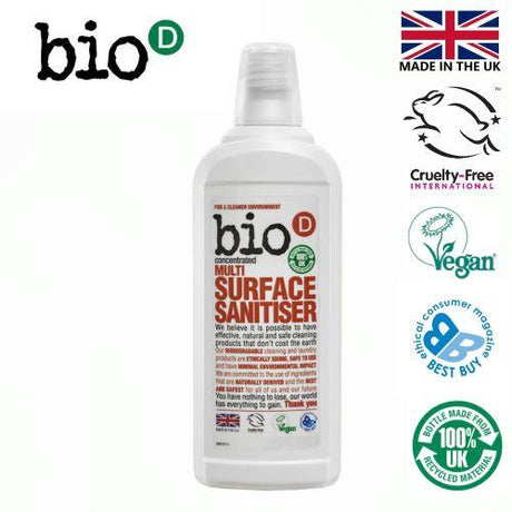 Bio-D Multi Surface Sanitiser 750ml hvit i plast, med logoer for merking og sertifisering