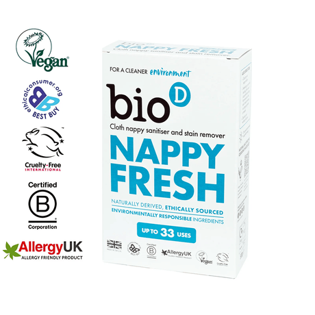 Bio-D Nappy Fresh desinfeksjon 500g i hvit kartong med blå tekst og flere miljøsertifiseringer