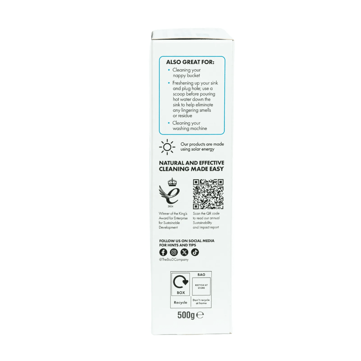 Bio-D Nappy Fresh desinfeksjon 500g eske med informasjon om bruk og bærekraftig produksjon