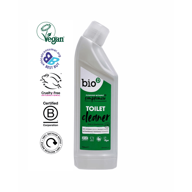 Bio-D toalettrens 750ml med furu og sedertre i resirkulert plastflaske med miljøsertifiseringer Suztain.no