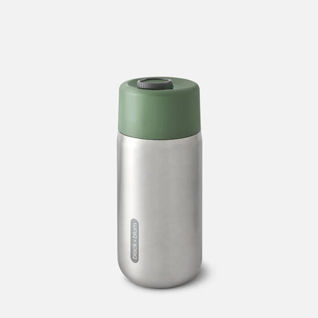 Black+Blum termokopp 340 ml Olive i rustfritt stål med grønt lokk, sett fra siden på hvit bakgrunn