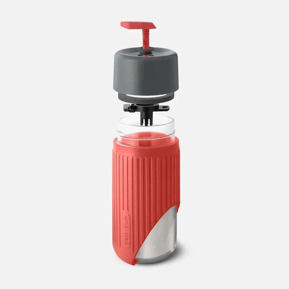 Black+Blum Termokopp Glass 340 ml Ocean i glass og silikon, vist i deler med lokket løftet