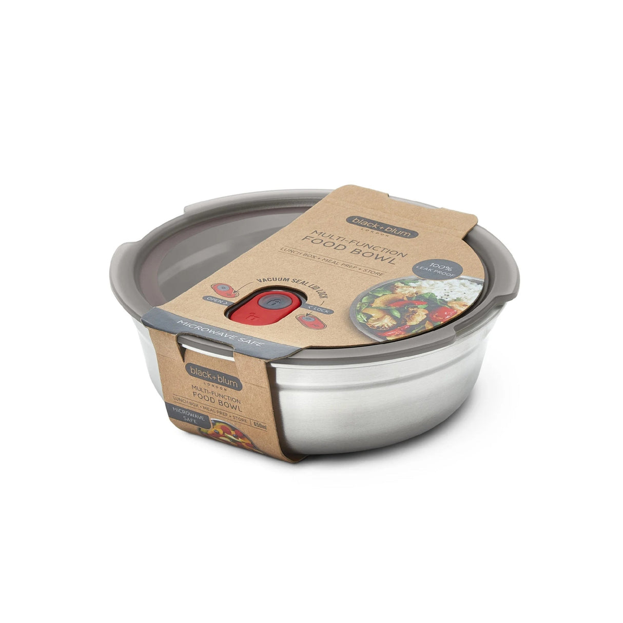 black+blum Matboks Rund 650ml Sølv i rustfritt stål, med lokk og emballasje sett forfra