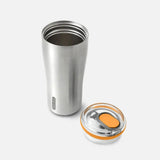 Black+Blum Termokopp Tumbler Ocean i rustfritt stål, med lokk i oransje og gjennomsiktig plast ved siden av