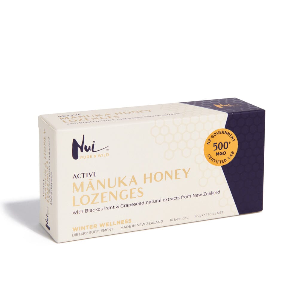 NUI Manuka Honning Sugetabletter MGO 500+ – 16 stk med solbær - Suztain.no 