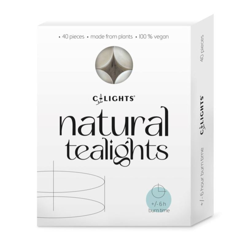 C-Lights Telys 40 stk. Hvit i pappeske, vist i emballasje med logo og tekst fra siden