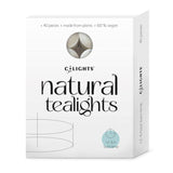 C-Lights Telys 40 stk. Hvit i pappeske, vist i emballasje med logo og tekst fra siden
