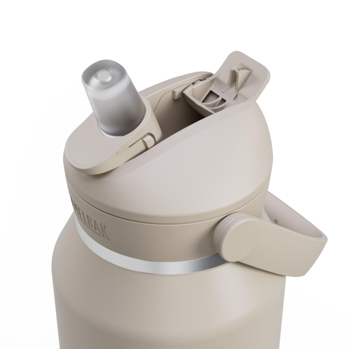 CamelBak Thrive Flip Straw Drikkeflaske 1,2L Stone i rustfritt stål, nærbilde av lokket med åpen flipp