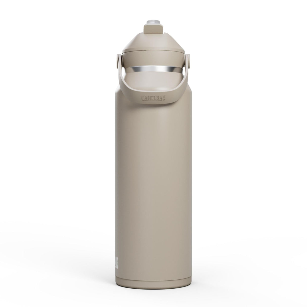 CamelBak Thrive Flip Straw Drikkeflaske 1,2L Stone i rustfritt stål, sett forfra med bærehåndtaket nede