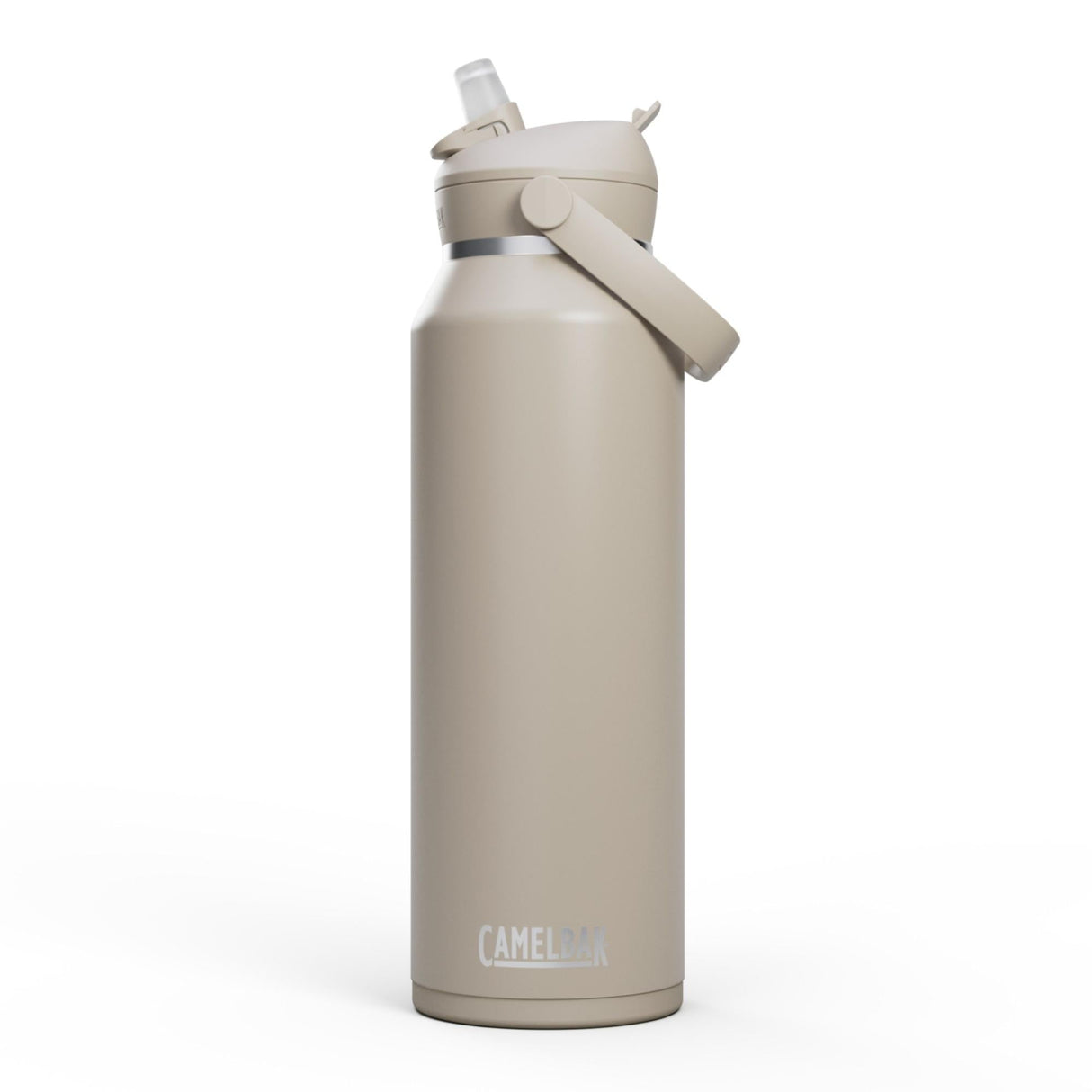 CamelBak Thrive Flip Straw Drikkeflaske 1,2L Stone i rustfritt stål, sett fra siden med løftet sugerør