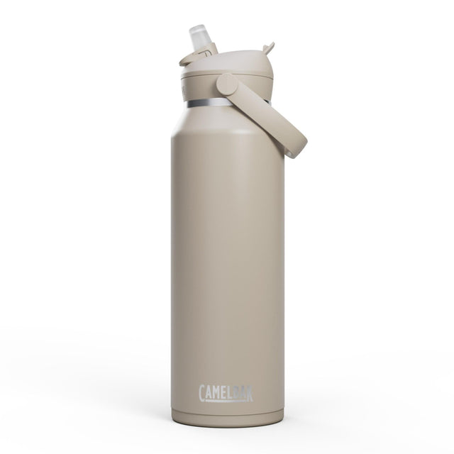 CamelBak Thrive Flip Straw Drikkeflaske 1,2L Stone i rustfritt stål, sett fra siden med løftet sugerør Suztain.no