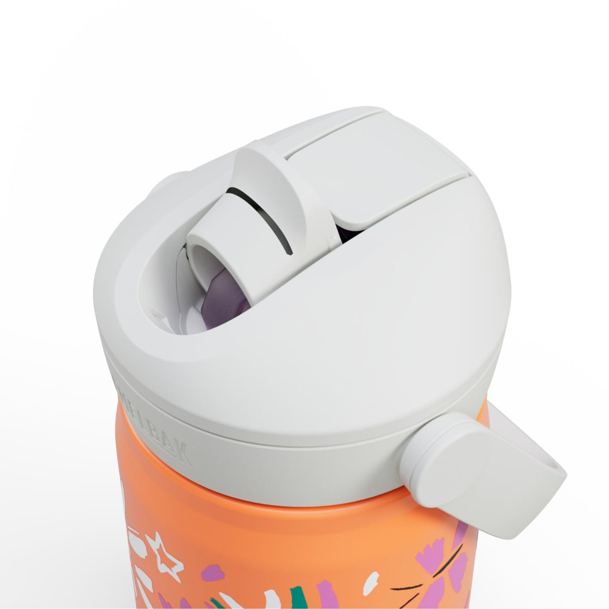 CamelBak Thrive Flip Straw Kids Drikkeflaske 0,35L Butterfly Rainbow i rustfritt stål, sett ovenfra med åpen tut