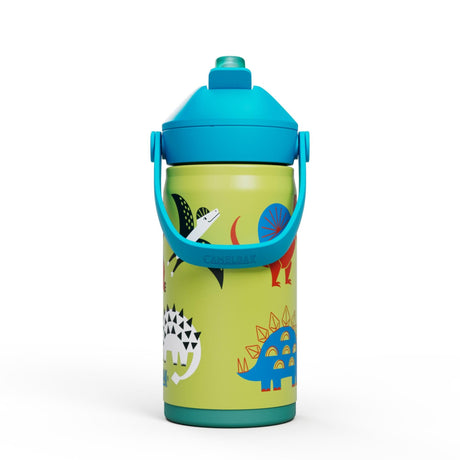 CamelBak Kids Drikkeflaske 0,35L Dino Jam i rustfritt stål, sett forfra med blått lokk og hank