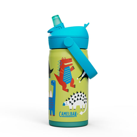 CamelBak Kids Drikkeflaske 0,35L Dino Jam i rustfritt stål, sett fra siden med blått lokk
