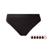 Comfydence Get Cozy Menstruasjonstruse Heavy Flow i svart bomull, sett forfra med absorpsjonsindikator