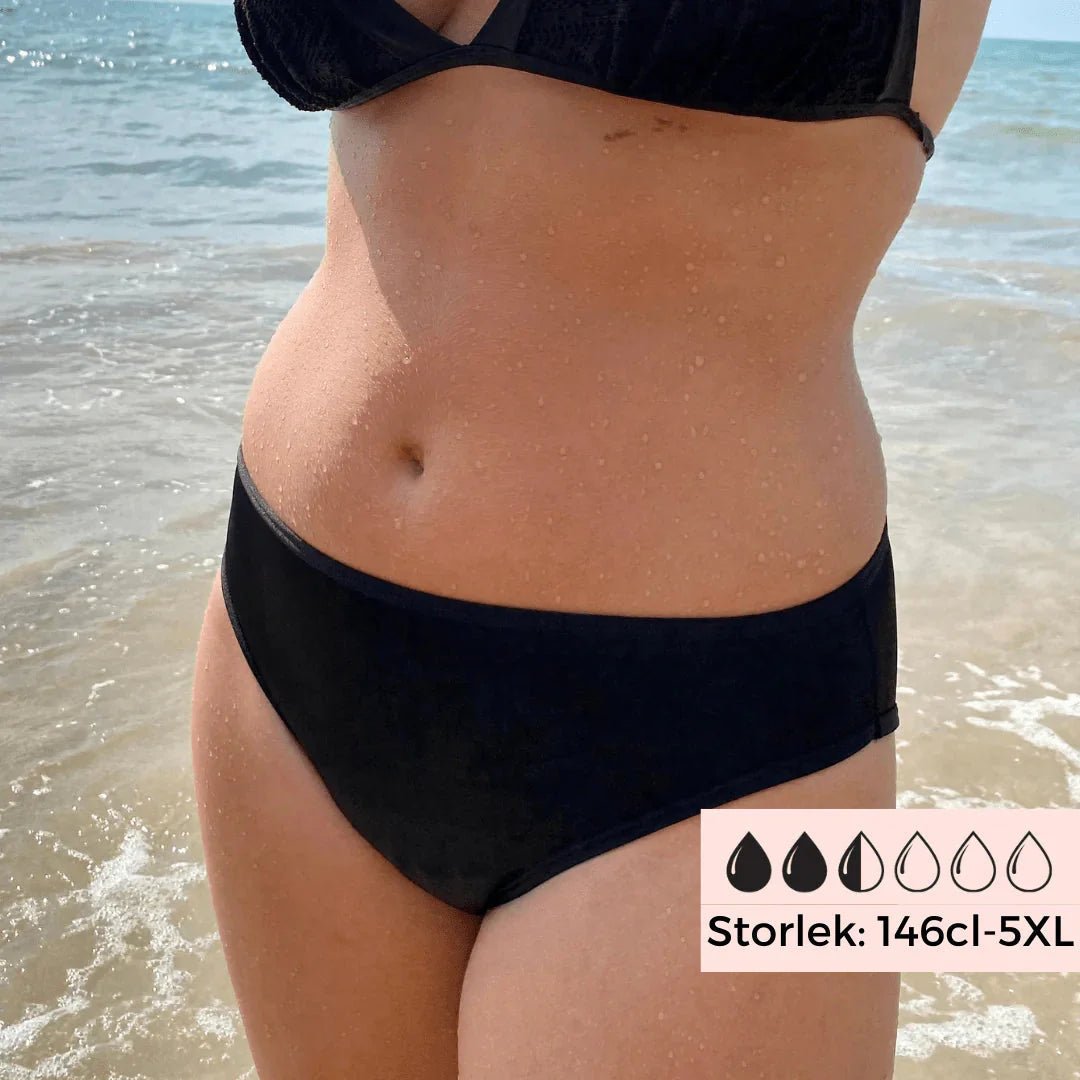 Comfydence Sunshine Bikini menstruse, svart, i stoff, i bruk på stranden med vannsprut på huden