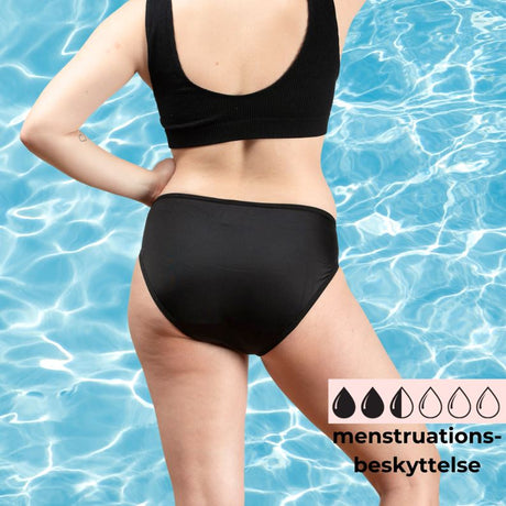 Comfydence Sunshine Bikini menstruse, svart, i stoff, sett bakfra med menstruasjonsbeskyttelses-ikon
