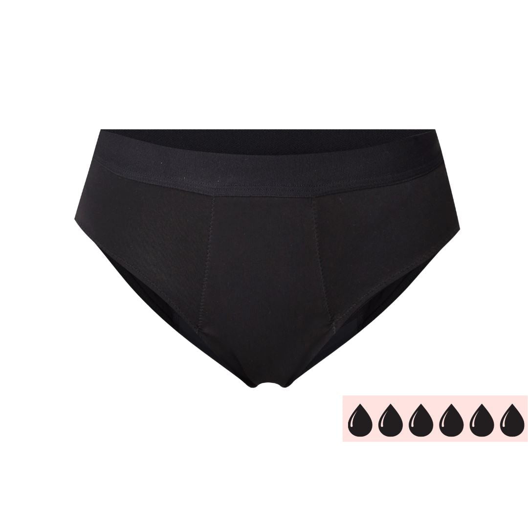 Comfydence Under Cover Menstruasjonstruse Heavy Flow svart i tekstil, sett forfra med absorbansindikator