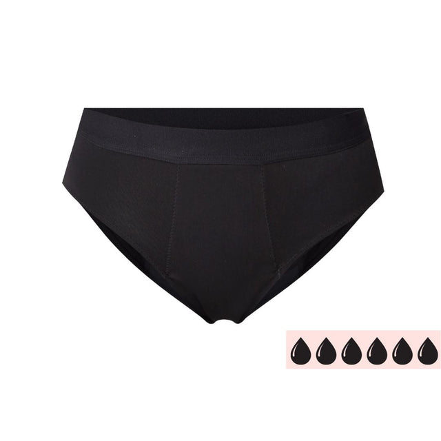 Comfydence Under Cover Menstruasjonstruse Heavy Flow svart i tekstil, sett forfra med absorbansindikator Suztain.no