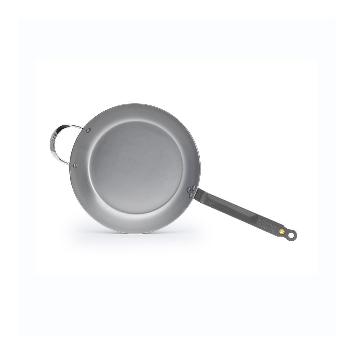 de Buyer Mineral B stekepanne Ø32 cm i karbonstål, sett ovenfra med langt håndtak og mothåndtak