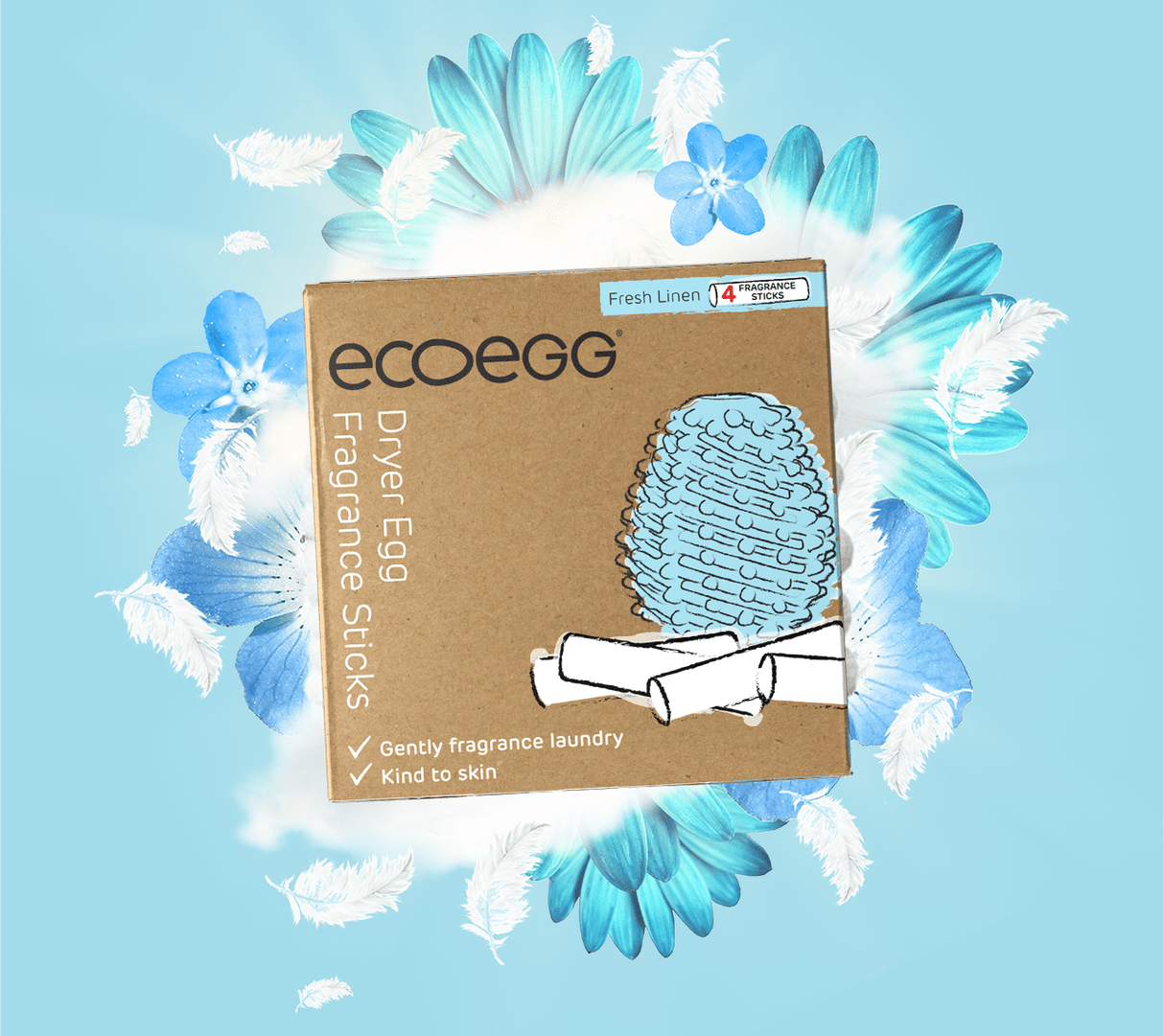 Ecoegg Refill for Tørkeegg, Fresh Linen, i pappemballasje, sett forfra med illustrasjon av tørkeegg og blomsterbakgrunn