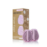 Ecoegg tørkeegg Spring Blossom i lyselilla i plast, med to egg foran emballasjen