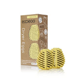 Ecoegg tørkeegg Fragrance Free i gul i plast, med to egg foran den brune emballasjen