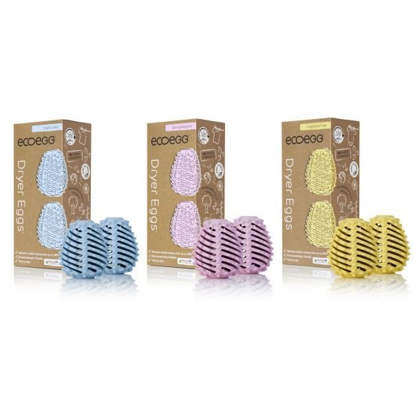 Ecoegg tørkeegg i blå, rosa og gul i plast, vist i emballasje og med to varianter side ved side