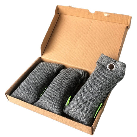 EcoSavers luftrensingsposer i bambuskull 3pk i grå tekstil i åpen brun eske