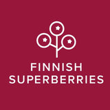 Finnish Superberries logo i hvit farge med stilisert bærmotiv på mørkerød bakgrunn