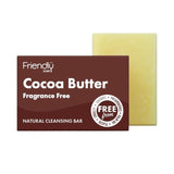 Friendly Soap ansiktssåpe Cocoa Butter 95g i brun pappemballasje, med såpestykket delvis synlig bak