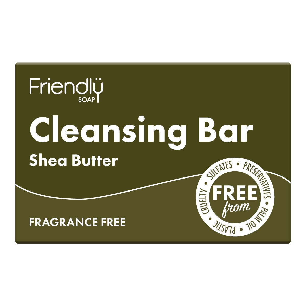 Friendly Soap Ansiktssåpe Shea Butter 95 gram i mørkegrønn emballasje, med "Free from" sirkel på høyre side