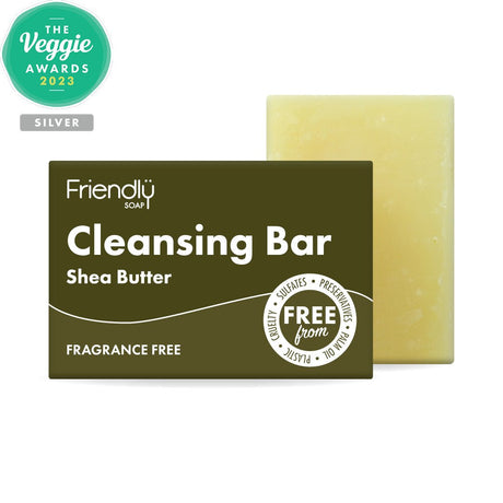 Friendly Soap ansiktssåpe Shea Butter 95 gram i mørkegrønn emballasje, med såpestykke bak