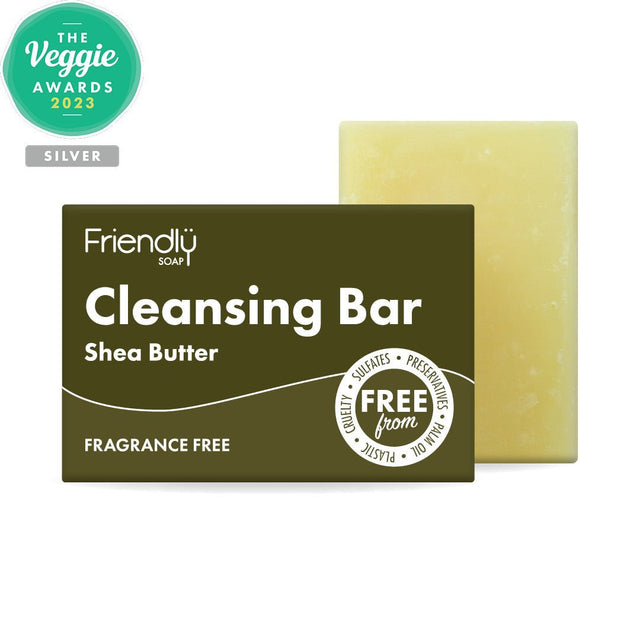 Friendly Soap ansiktssåpe Shea Butter 95 gram i mørkegrønn emballasje, med såpestykke bak Suztain.no