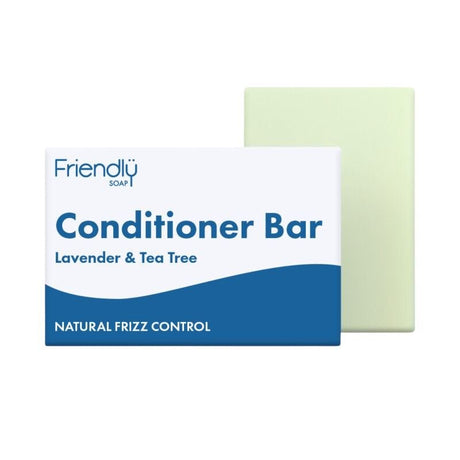 Friendly Soap Balsambar Lavendel & Tea Tree 90g lys grønn i pappemballasje, sett fra siden