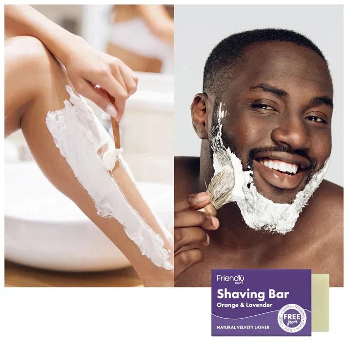 Friendly Soap Barbersåpe Orange & Lavendel 95 gram i bruk på ben og ansikt, med emballasje i forgrunnen