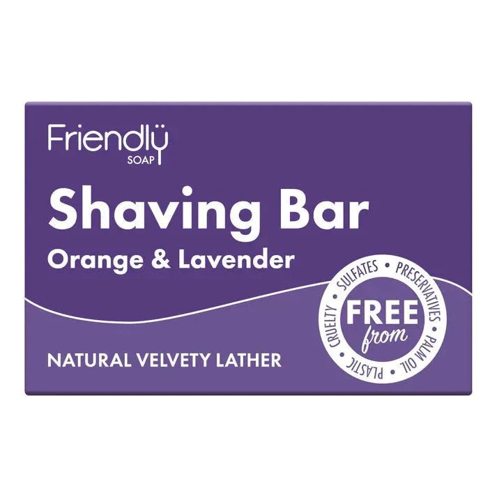 Friendly Soap Barbersåpe Orange & Lavendel 95 gram i lilla pappeske, med hvit tekst, sett ovenfra