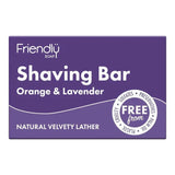 Friendly Soap Barbersåpe Orange & Lavendel 95 gram i lilla pappeske, med hvit tekst, sett ovenfra