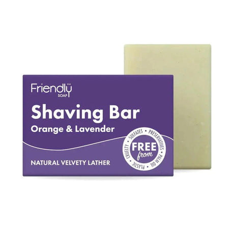 Friendly Soap Barbersåpe Orange & Lavendel 95 gram i pappeske, med såpestykket bak, sett fra siden
