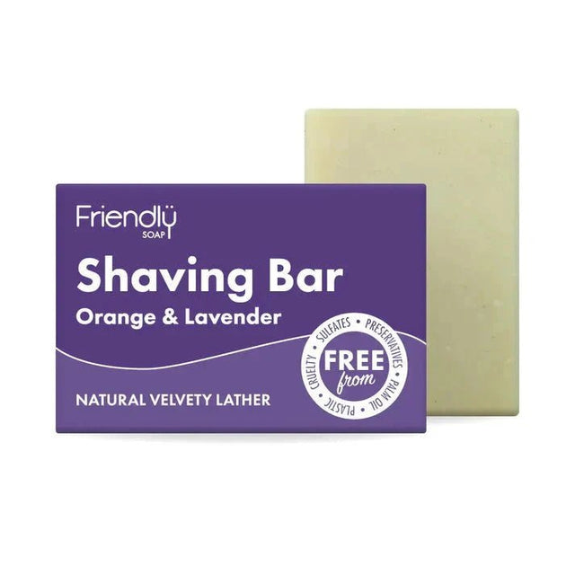Friendly Soap Barbersåpe Orange & Lavendel 95 gram i pappeske, med såpestykket bak, sett fra siden Suztain.no