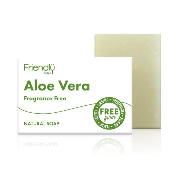 Friendly Soap såpestykke Aloe Vera 95 gram i lys grønn, med hvit og grønn pappemballasje foran