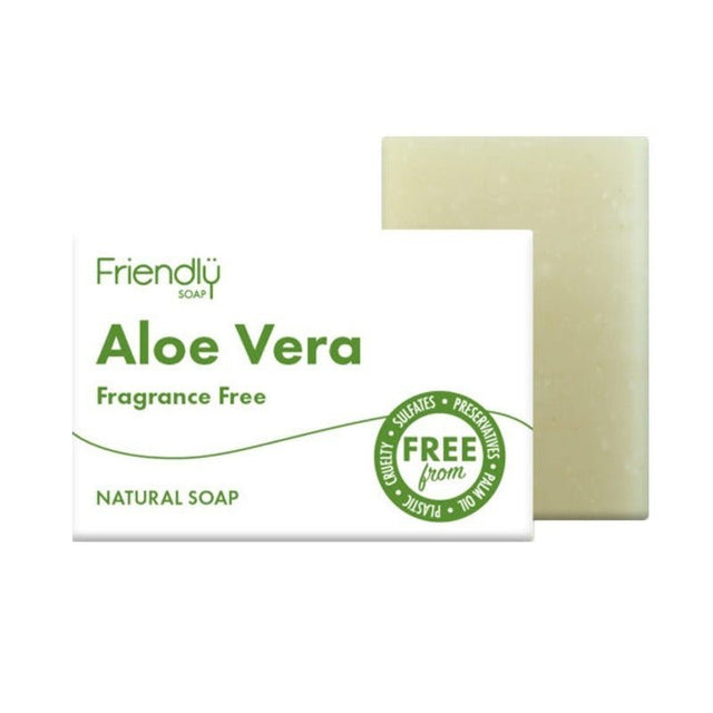 Friendly Soap såpestykke Aloe Vera 95 gram i hvit og grønn pappemballasje, med såpestykket liggende bak Suztain.no