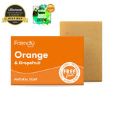 Friendly Soap såpestykke Appelsin & Grapefrukt 95g i oransje emballasje og såpestykke sett ovenfra