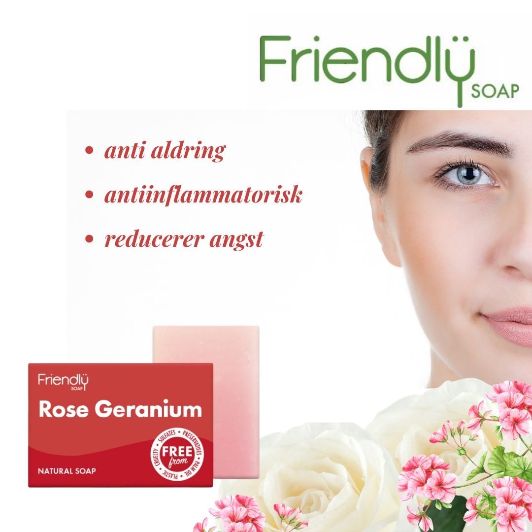 Friendly Soap såpestykke Rose & Geranium (95 g) i rød emballasje og lyserosa såpe med del av ansikt og blomster
