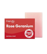 Friendly Soap såpestykke Rose & Geranium (95 g) i rød emballasje og lyserosa såpe side ved side